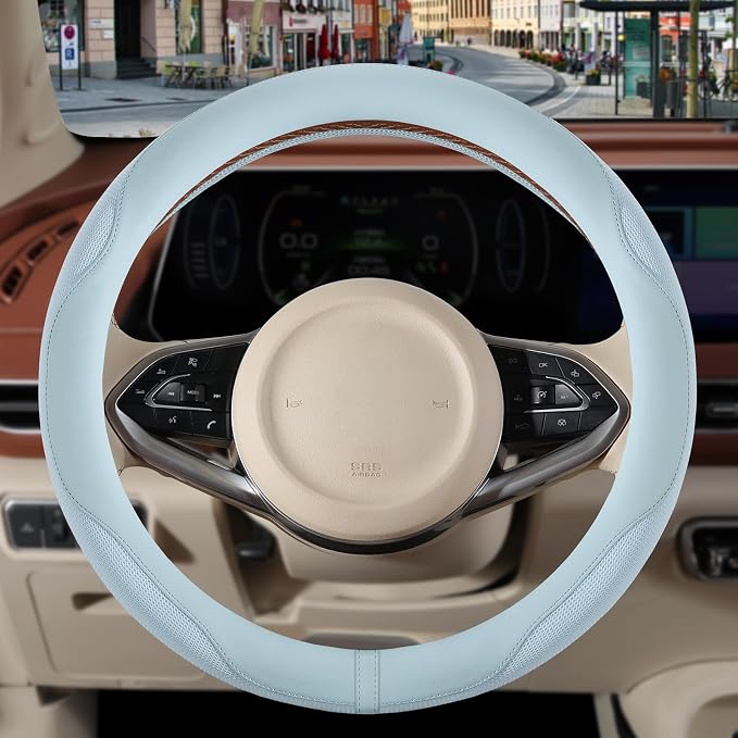 Nappa Leather Steering Wheel Cover, Advanced Microfiber Leather Non-Slip Breathable Fabric, Warm in Winter and Cool in Summer, Blue Large 15.5 inch to 16 inch
