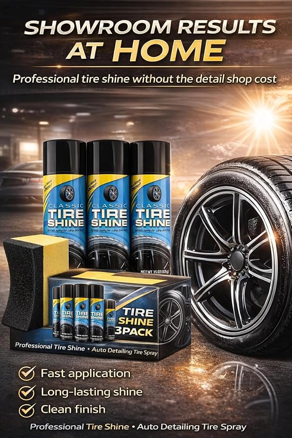Tire Shine Spray 3 Pack High Gloss Wet Look UV Protection 15oz w/Pad | Professional-grade formula resists water and rain. Safe for all rubber types. Prevents cracking and fading from sun damage.
