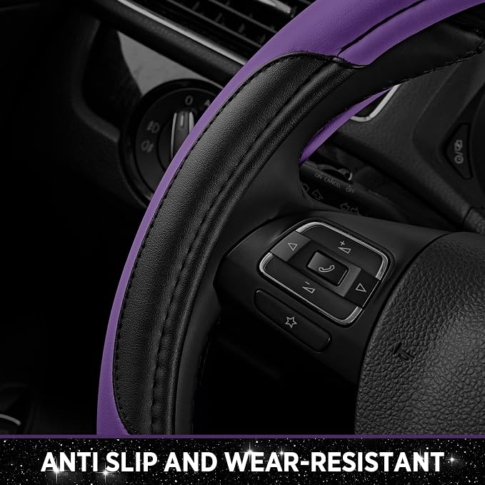 Road Comforts Leather Steering Wheel Cover - Made with PVC Leather - Anti-Slip, Universal Fit 14 1/2 inches to 15 1/2 inches - Purple