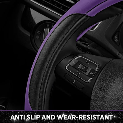 Road Comforts Leather Steering Wheel Cover - Made with PVC Leather - Anti-Slip, Universal Fit 14 1/2 inches to 15 1/2 inches - Purple