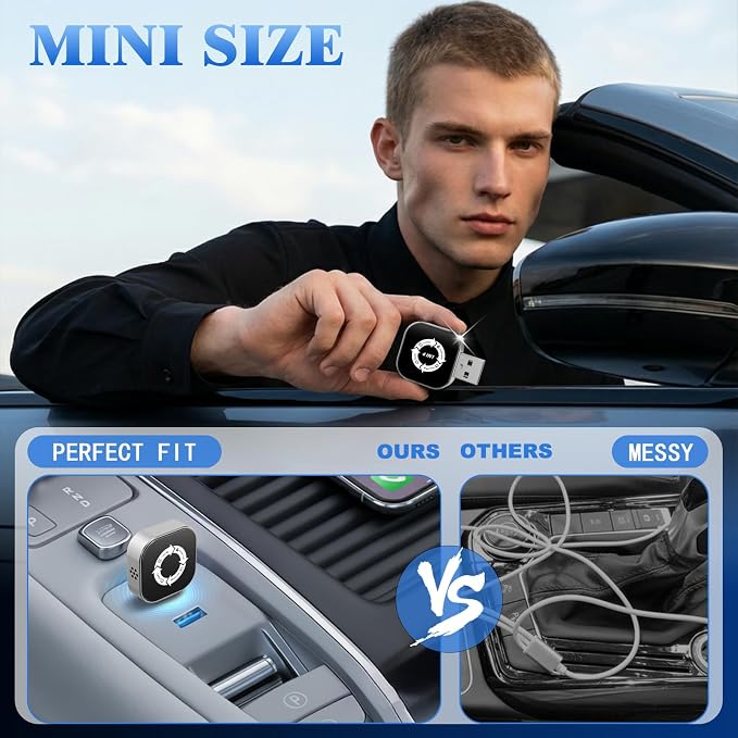 4-in-1 Wireless CarPlay Adapter for Apple CarPlay & Android Auto & AirPlay & MirrorLink, 2026 Upgraded Screen Mirroring Mini USB Adapter with Type-C Extension, Low Latency, Plug & Play
