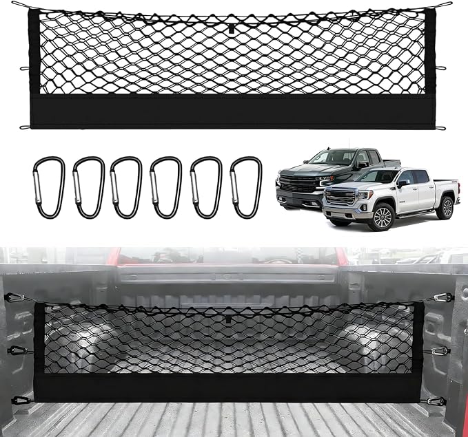 Truck Bed Cargo Net Truck Netting Fit for GMC Sierra/Chevy Silverado 1500 2500 3500HD 2013-2026 Pickup Tailgate Organizer Net Heavy-Duty Elastic Truck Storage Grocery Mesh Net-Envelope Style