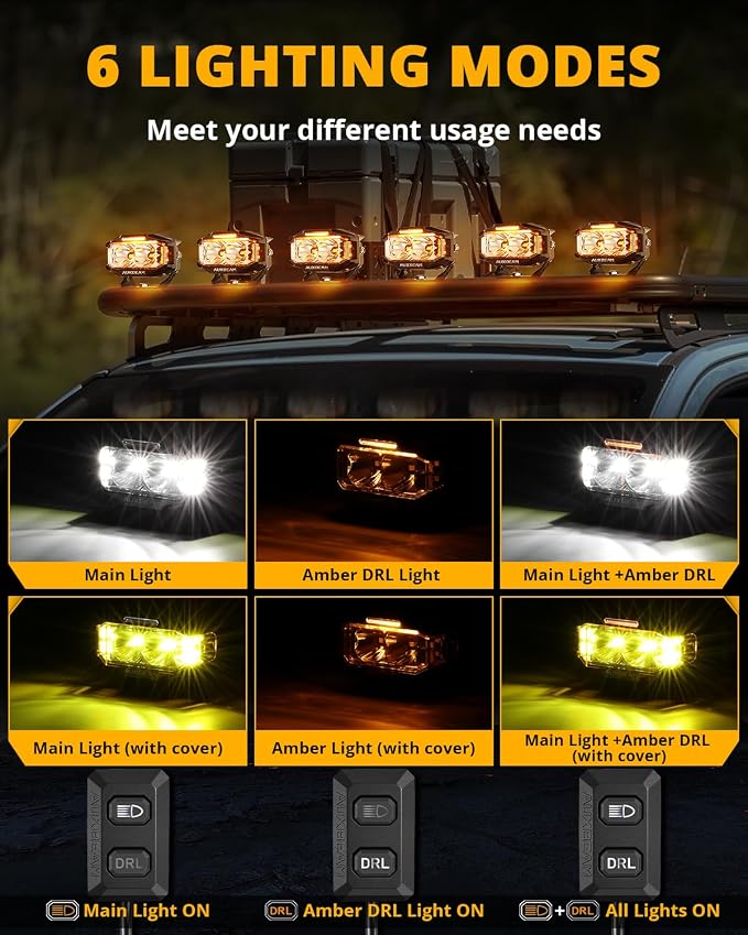 Auxbeam V-MAX Series 4 Inch LED Pod Driving Lights, 72W Rectangle Side Shooter Offroad Cube Spotlights with Amber DRL, 270° Combo Beam 6 Modes White/Amber/Yellow Auxiliary Lights with Covers, Pair