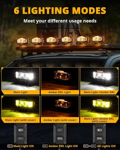 Auxbeam V-MAX Series 4 Inch LED Pod Driving Lights, 72W Rectangle Side Shooter Offroad Cube Spotlights with Amber DRL, 270° Combo Beam 6 Modes White/Amber/Yellow Auxiliary Lights with Covers, Pair