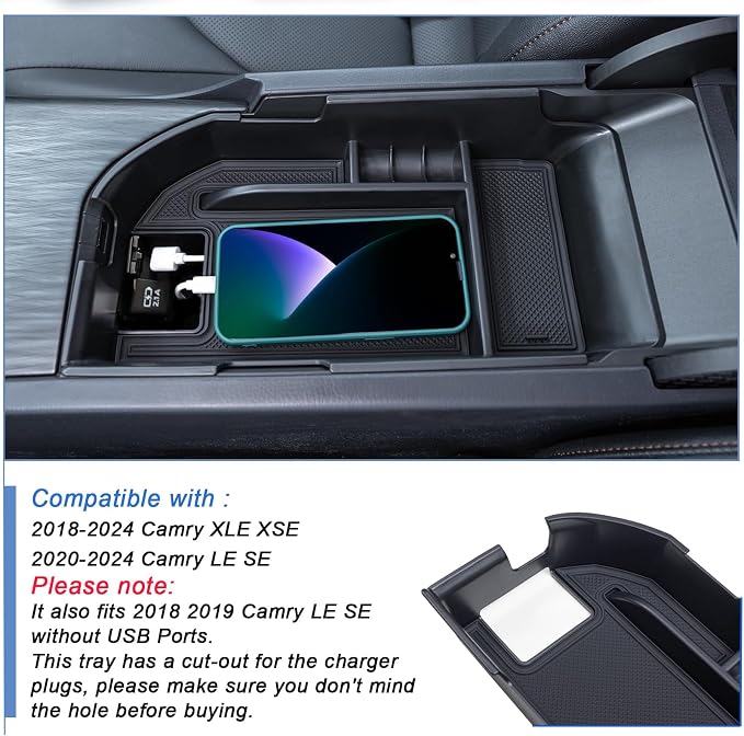TOPINSTALL Center Console Tray Compatible with 2018-2024 Toyota Camry XLE XSE and 2020-2024 Camry LE SE with Dual USB Ports, Interior Accessories Armrest Console Organizer (Not for 2025)
