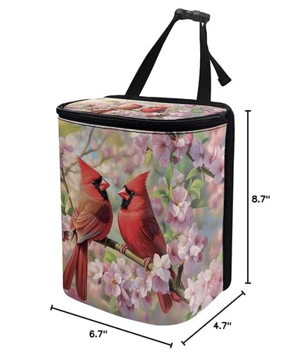 Cardinal Bird Cherry Blossom Print Trash Can for Car Leakproof Garbage with Lid and Zipper Trash Bin Hanging Back of Seat Auto Interior Accessories Universal Fit Most Truck SUV Van