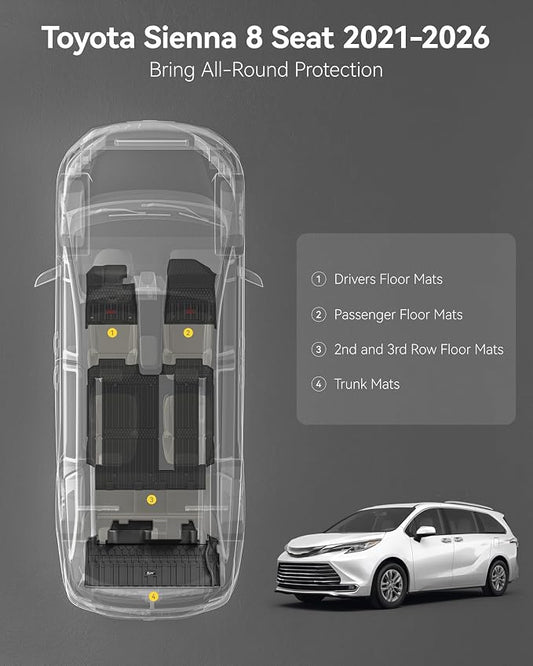 3W Floor Mats&Trunk Mat Fit Toyota Sienna 2021-2026 LE/XLE(Only for 8 Seat), TPE All Weather Custom Fit Floor Liner for Sienna 1st, 2nd and 3rd Row &Cargo Liner, Black with Red Accent