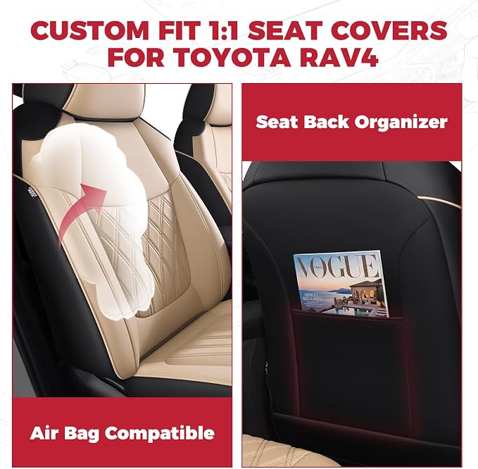 FREESOO Custom Seat Covers for Toyota RAV4 2019 2020 2021 2022 2023 2024 2025 Hybrid XLE LE Limited XLE Premium, RAV4 Leather Car Seat Covers Interior, RAV 4 SUV Accessories Full Set, BlackBeige