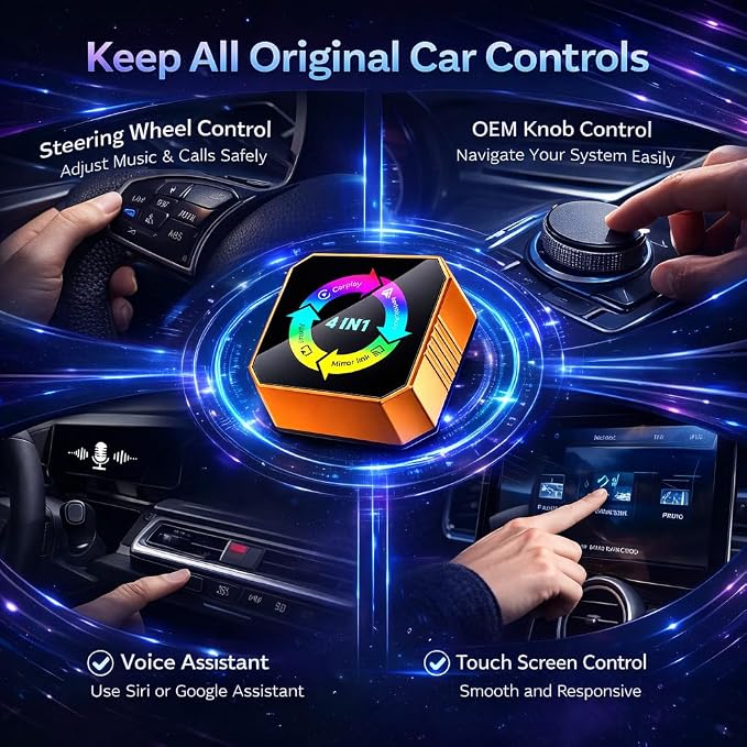 Bluradio 4-in-1 Wireless CarPlay & Android Auto Adapter | USB/USB-C plug and play adapter with Mirror Link and AirPlay for factory wired CarPlay and Android Auto cars