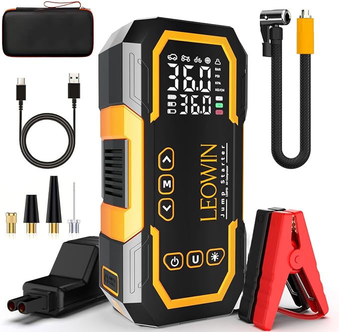 Jump Starter with Air Compressor, Battery Jumper Starter Portable(9.0 Gas/6.5L Diesel) with Tire Inflator, 12V Car Battery Jump Starter with Smart Jumper Cables, LED Light, LCD Display