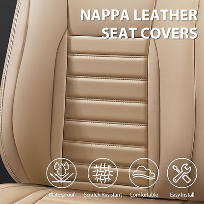 CAR PASS Nappa Leather Car Seat Covers Full Set, Luxury Seat Protector for Cars, Waterproof Anti-Slip Car Seat Cushion Armrest Compatible Airbag Universal for Sedan SUV Pick-up Truck Automotive, Beige