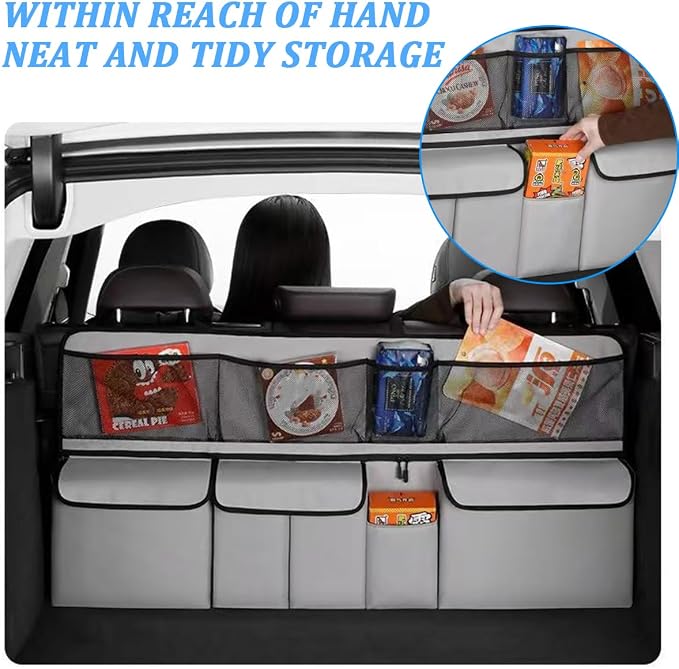 HZEL Car Trunk Organizer, Collapsible Large Capacity Vehicle Backseat Hanging Storage Bag with 9 Pockets, Automotive Interior Backseat Organizer, Universal for SUV RV Truck (Grey)