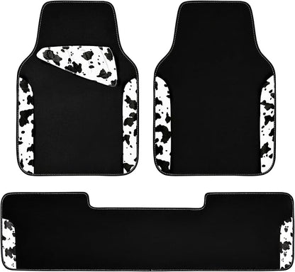 CAR PASS Waterproof Universal 3Pcs Car Floor Mats, Cow Print Car Mats Fit for SUV,Vans,sedans, Trucks,Set of Vehicles Car Carpet with Driver Heel Pad and Nibs Backing, Cute Women Girly (Black White)