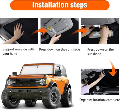 Windshield Sun Shade Compatible with Ford Bronco 2026 2025 2024 2023 2022 2021, Foldable Sun Visor Protector Blocks UV Rays Sunshade for Bronco 2 Door 4 Door Interior Accessories
