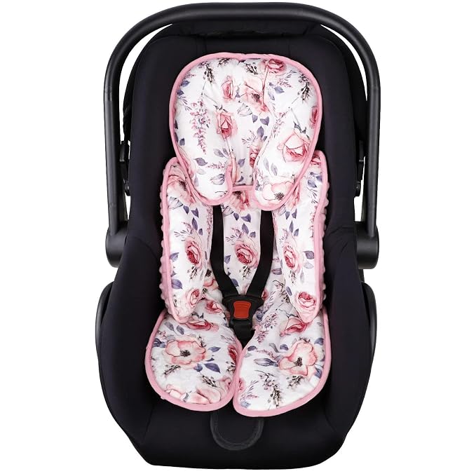 SWESEN Infant Car Seat Insert with 3 Strap Covers Set, Reversible Newborn Baby Car Seat Head Body Support for Girl, Soft 3 in 1 Baby Car Seat Cushion for Strollers, Bouncers, Swing, Pink Floral