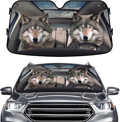 GENANY Wolf Windshield Cover for Car SUV Truck (55x30 Inches), Foldable Heat Shield, Shades for Front Windows, Protector Blocks UV, Car Decor