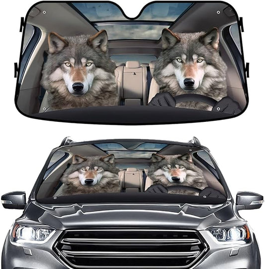 GENANY Wolf Windshield Cover for Car SUV Truck (55x30 Inches), Foldable Heat Shield, Shades for Front Windows, Protector Blocks UV, Car Decor