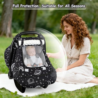 Winter Car Seat Cover Baby with Sunshade & Dual Zipper Windows - Minky Bubble Lined Windproof Soft Shell, Warm Newborn Car Seat Canopy Covers, Elastic Bottom for Stroller & Infant Car Seat, Space