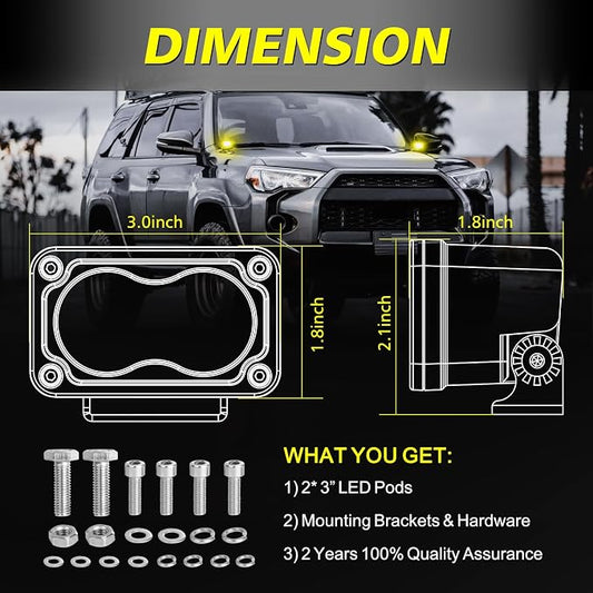 Yellow LED Pods, AKD Part 3 Inch CREE LED Ditch Lights 40W Spot Flood Combo LED Fog Lights Small Yellow Chase Light Bar Pods 2 Pack for Truck Motorcycle Dirt Bike SUV UTV ATV Surron Toyota