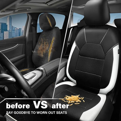 CAR PASS Universal Front Leather Car Seat Covers with Sporty Design, Breathable All Season Easy to Clean Anti-Slip Wear-Resistant Automotive Seat Covers Fit for Most Cars, SUVs, Trucks, Black & White