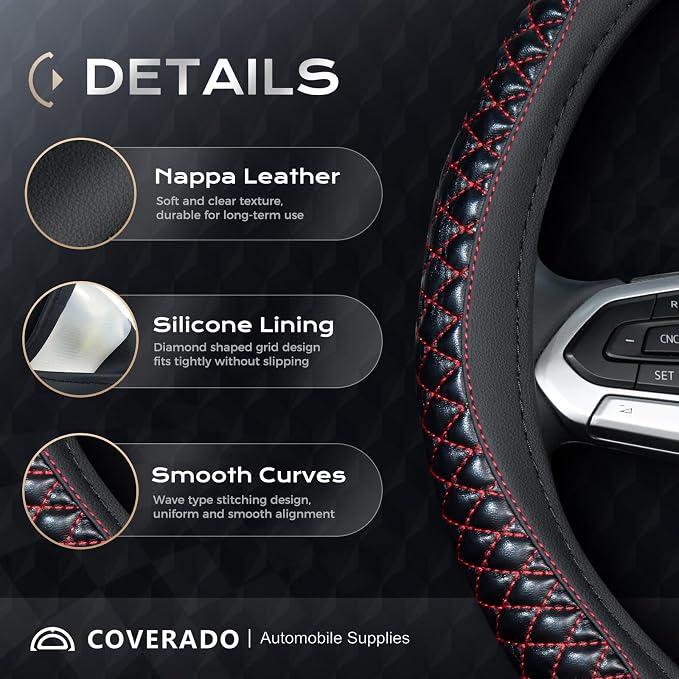 Coverado Nappa Leather Steering Wheel Cover Universal 14-15 Inch Anti-Slip Breathable Steering Wheel Protector Luxury Auto Decor for Men Women Redline