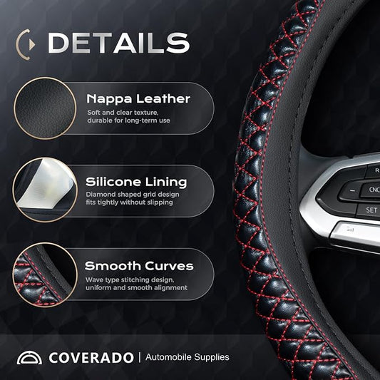 Coverado Nappa Leather Steering Wheel Cover Universal 14-15 Inch Anti-Slip Breathable Steering Wheel Protector Luxury Auto Decor for Men Women Redline