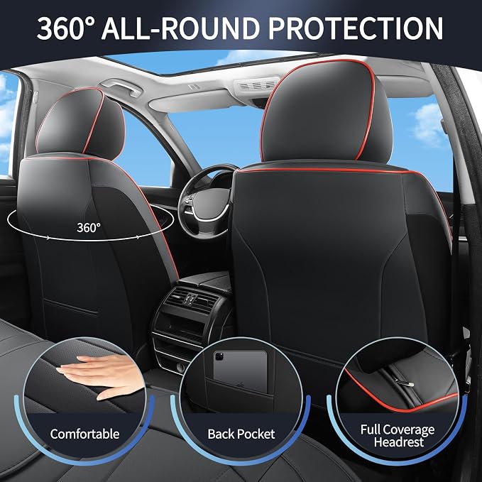 Car Seat Covers Full Set,Waterproof and Breathable Luxury Leather Seat Covers,Non-Slip Driver Seat Cushion,Automotive Seat Protector Fit Toyota Rav4 Camry Corolla Cruze Rogue CRV Accord, Red Black