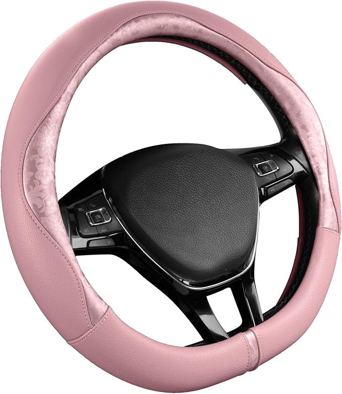 PIC AUTO Steering Wheel Cover, Pink Patterned Leather Patchwork Design, Universal Fit 14.5"–15.5" D-Shape Steering Cover, Soft PU Grain Leather, Durable Grip Car Accessory for Girls & Women
