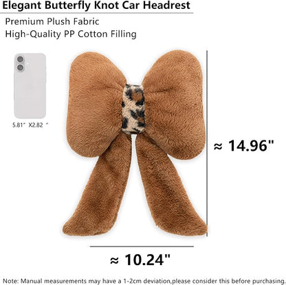 Car Neck Pillow 2PCS Plush Bowknot Car Headrest Pillow – Comfortable Neck Support for Driving Soft Touch Fabric Car Pillow Cute Interior Decor (Brown)