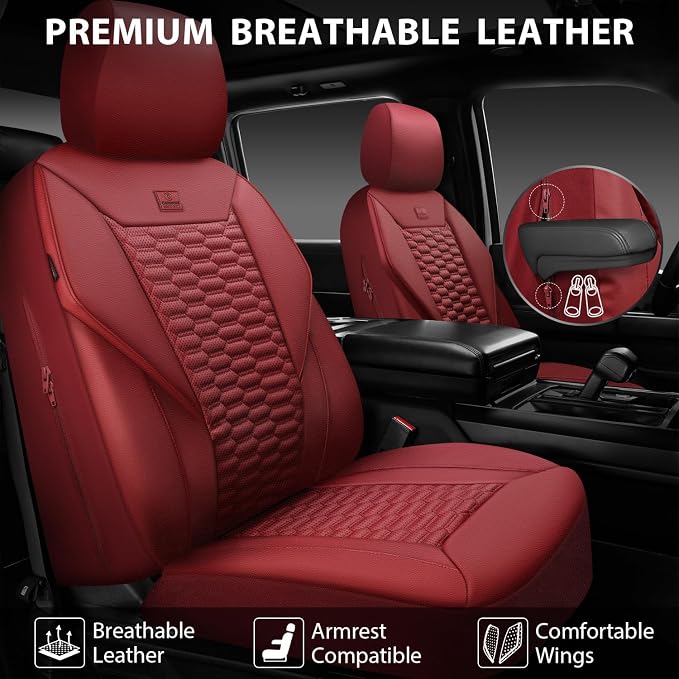 CAR PASS 3D Foam PU Leather Car Seat Covers Full Set,Luxury Breathable Faux Leather Seat Covers for Car,Anti Slip Universal Fit for SUVs Vans Sedan Trucks Automotive,Armrest Airbag Compatible Burgundy