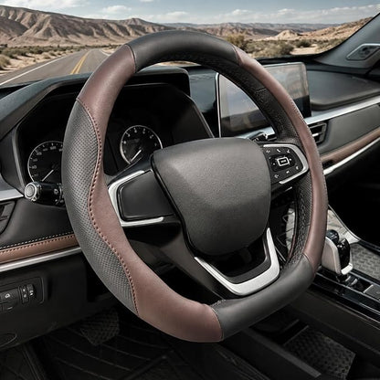D Shaped Steering Wheel Cover, Flat Bottom Car Wheel Cover 14 1/2-15 inch (37-39 cm), Non-Folding Packaging, Microfiber Leather, Black and Chocolate Brown