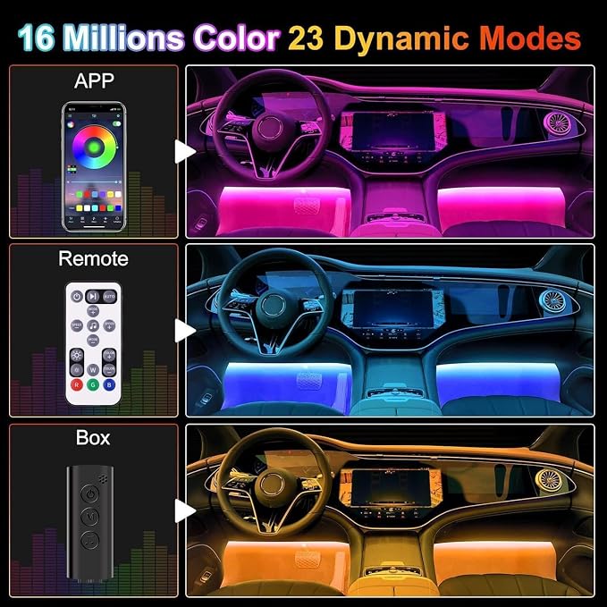 Car Interior Lights, 12V LED Strip Lights with Charger Adapter, Ambient Car Lighting Kit, App & Remote Control Music Sync Color Change Strip Lights for SUVs & Trucks, Car Accessories for Women Men