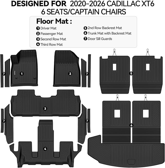 Floor Mats for 2020-2026 Cadillac XT6 6 Seats/Captain Chairs, Trunk Mat with Backrest Mat and 2nd Backrest Mat & Door Sill Guard All Weather TPE Protector for Cadillac XT6 Accessories