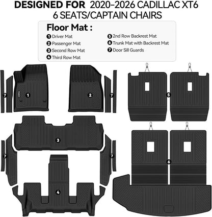 Floor Mats for 2020-2026 Cadillac XT6 6 Seats/Captain Chairs, Trunk Mat with Backrest Mat and 2nd Backrest Mat & Door Sill Guard All Weather TPE Protector for Cadillac XT6 Accessories