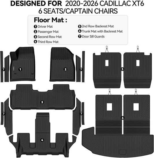 Floor Mats for 2020-2026 Cadillac XT6 6 Seats/Captain Chairs, Trunk Mat with Backrest Mat and 2nd Backrest Mat & Door Sill Guard All Weather TPE Protector for Cadillac XT6 Accessories
