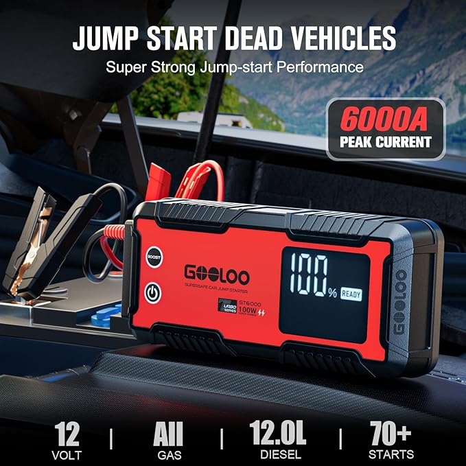 GOOLOO 6000A Jump Starter GT6000 Car Starter with 100W Bi-Directional Fast Charge, Powerful 12V Auto Battery Booster(All Gas & up to 12L Diesel Engine), Supersafe Portable Jump Box for Emergency Use