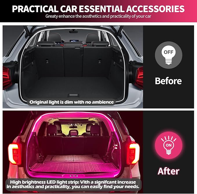 HOLDCY Car LED Strip Lights - Trunk Cargo Ambient Lighting, Pink 10000K, 177.16 inches Flexible Cuttable LED Light Strip, Easy Install, Waterproof, Universal Fit for Car Trunks, SUVs, and Vans