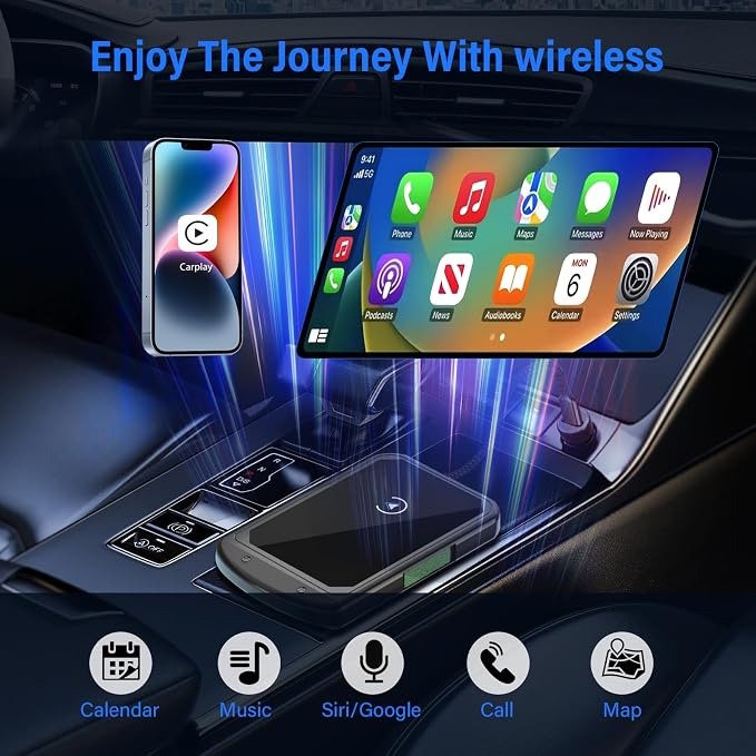 Wireless CarPlay Adapter for iPhone, Plug & Play Bluetooth & 5.8GHz Converter, Upgrades Wired to Wireless CarPlay, Auto-Reconnect, Compatible with iPhone iOS 10+ & Cars with Factory CarPlay 2016+