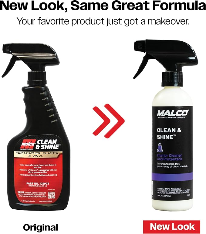 Malco Clean and Shine Interior Car Cleaner and Dressing - Best Interior Car Care to Restore Leather Plastic and Vinyl / 1 Simple Step To Clean, Condition, and Protect/Non-Glare Satin Finish (125916)