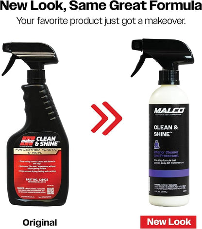 Malco Clean and Shine Interior Car Cleaner and Dressing - Best Interior Car Care to Restore Leather Plastic and Vinyl / 1 Simple Step To Clean, Condition, and Protect/Non-Glare Satin Finish (125916)