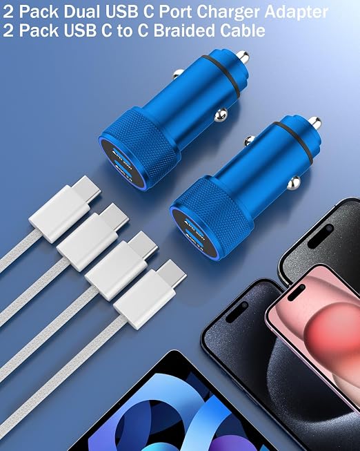 iPhone Car Charger Fast Charging,iPhone 16 Car Charger 2PACK Dual USB C PD3.0 Port CarCharging Adapter and USB C to C Braided Nylon Charging Cable Compatible with iPhone 16/16 Pro Max/15/iPad（Blue）