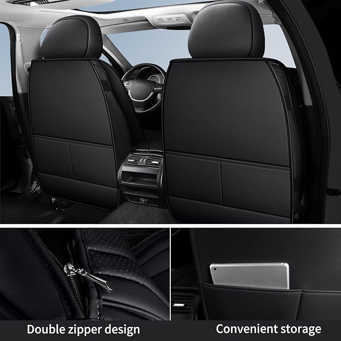 HChengkikz Car Seat Covers, Breathable and Waterproof Faux Leather Automotive Seat Covers, Universal Anti-Slip Driver Seat Cover for Cars SUV Pick-up Truck Sedan (5 PCS Full Set, Black + Blue)