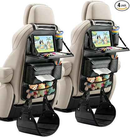 4PACK Leather Car Backseat Organizer with Foldable Table Tray, 6 Storage Pockets Back Protectors Foot Rests, Universal Backseat Car Organizer for Pets and family Road Trip(Black)