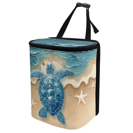 Talayituse Turtle Starfish Beach Print Car Trash Can Portable Auto Garbage Bin Multifunctional Vehicle Interior Accessories with Adjustable Straps Universal Fit Truck SUV Sedan