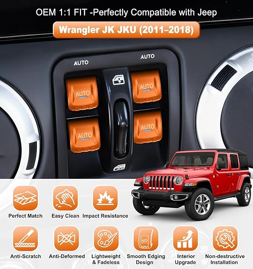 Upgrade Metal Window Switch Button Cover Fit for Jeep Wrangler JK JKU 2018 2017 2016 2015 2014 2013 2012 2011 Accessories,Interior Trim Kit 4PCS (Orange)