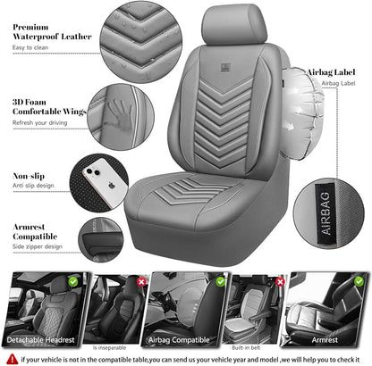 CAR PASS 3D Foam Faux Leather Car Seat Covers Full Set, Waterproof Grey Leather Seat Cover for Cars, Luxury Universal Fit for SUV Truck Sedan Automotive, Armrest Airbag Compatible Anti-Slip, All Gray