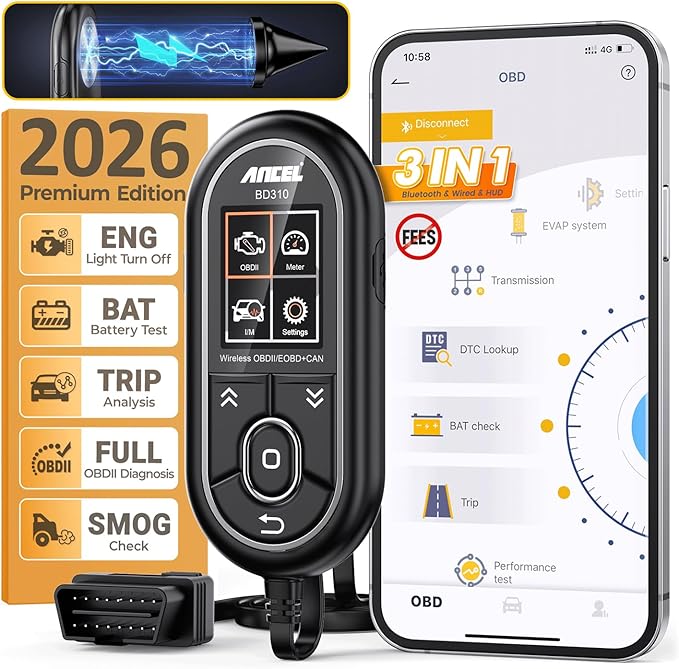 ANCEL BD310 Bluetooth OBD2 Scanner, 2-in-1 Car Diagnostic Scan Tool & Code Reader with App, Battery Test, Trip Analysis, Performance Test, for iPhone & Android, All 1996+ Vehicles