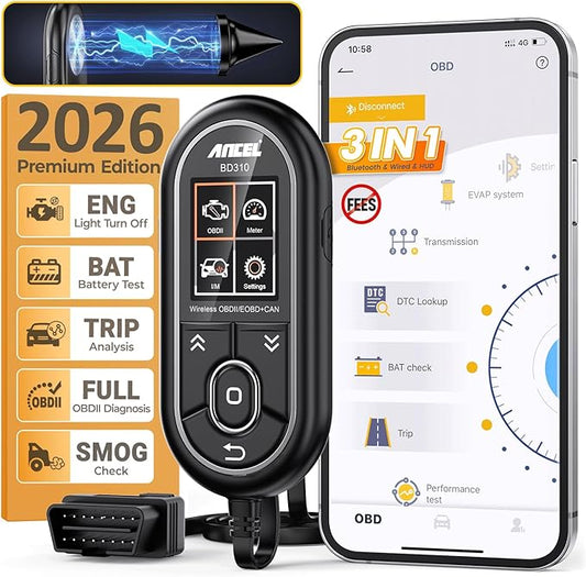 ANCEL BD310 Bluetooth OBD2 Scanner, 2-in-1 Car Diagnostic Scan Tool & Code Reader with App, Battery Test, Trip Analysis, Performance Test, for iPhone & Android, All 1996+ Vehicles