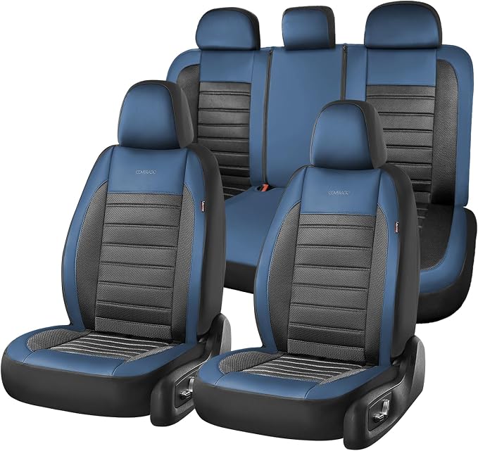 Coverado Car Seat Covers Full Set, Luxury Leather Car Seat Covers, Automotive Front and Rear Mesh Seat Covers, Full Set 5 Seats, Blue Black Seat Covers for SUV Sedan Truck