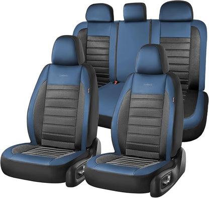 Coverado Car Seat Covers Full Set, Luxury Leather Car Seat Covers, Automotive Front and Rear Mesh Seat Covers, Full Set 5 Seats, Blue Black Seat Covers for SUV Sedan Truck